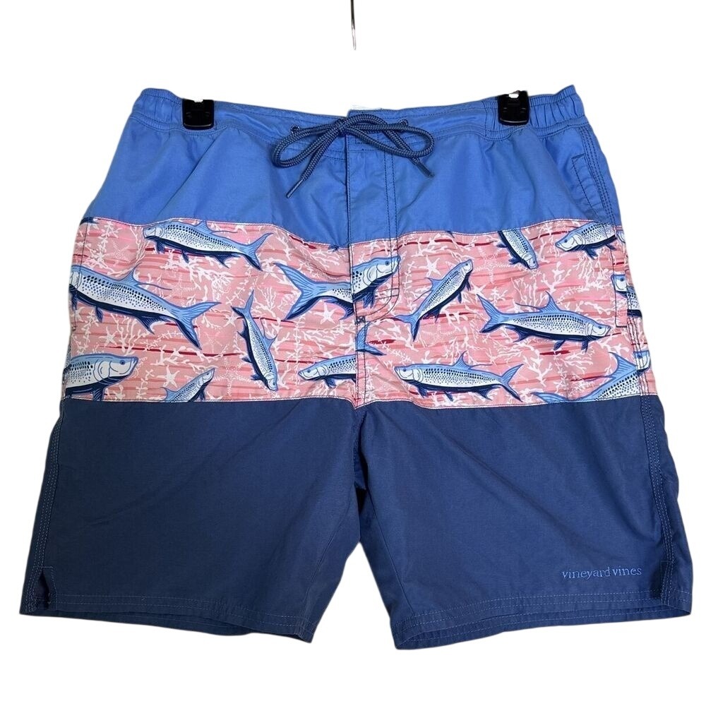 Vineyard Vines Men's Blue Tropical Swim Trunks Sz Small Fish Print 7" Inseam